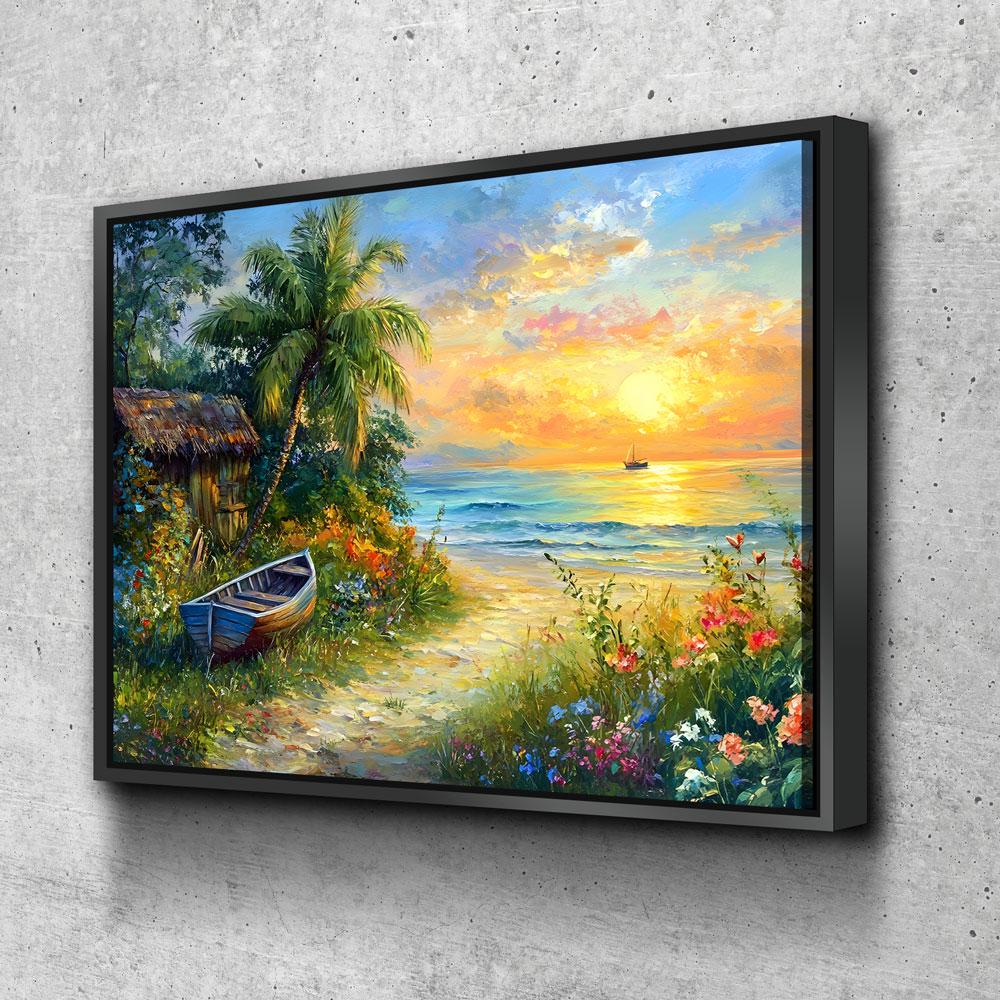 Boat on Tropical Beach Canvas Wall Art, Ocean Beach With Coconut Tree, Boat And Beach Hut, Tropical Decor, Beach House, Coastal Decor - Royal Crown Pro