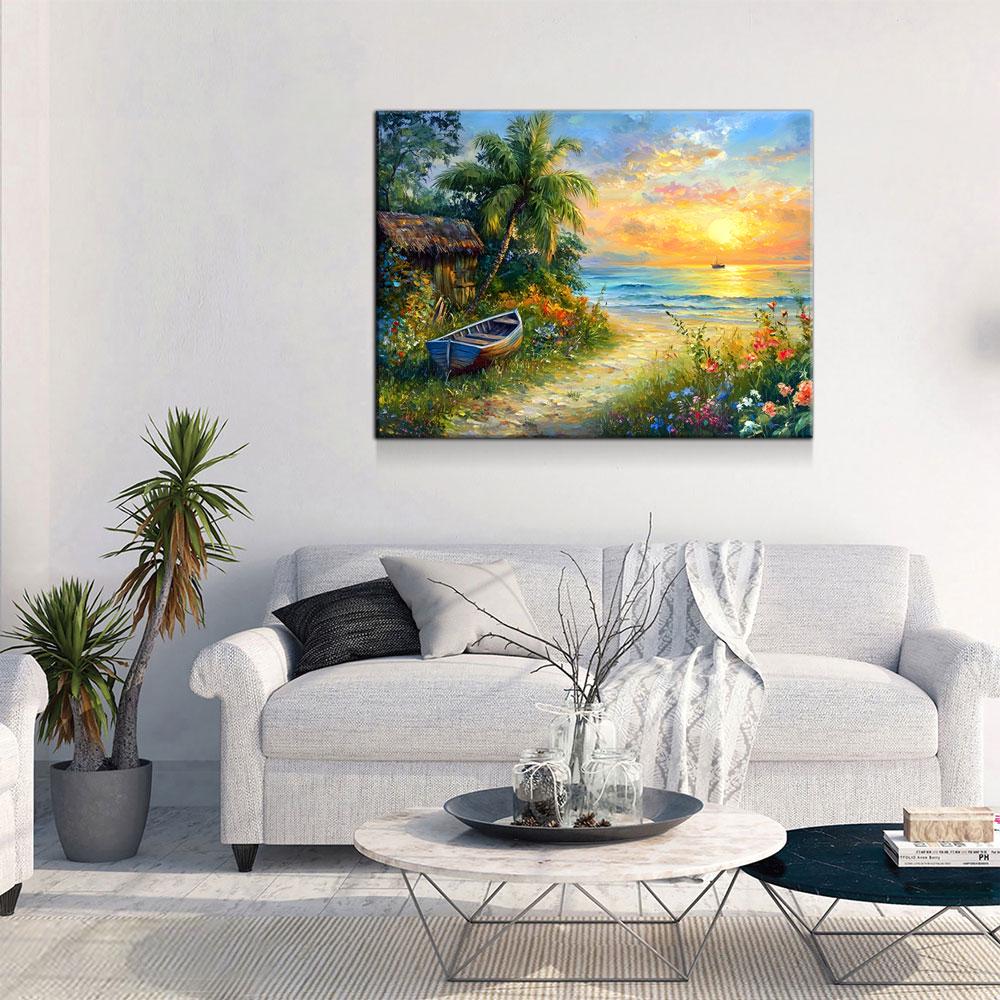 Boat on Tropical Beach Canvas Wall Art, Ocean Beach With Coconut Tree, Boat And Beach Hut, Tropical Decor, Beach House, Coastal Decor - Royal Crown Pro