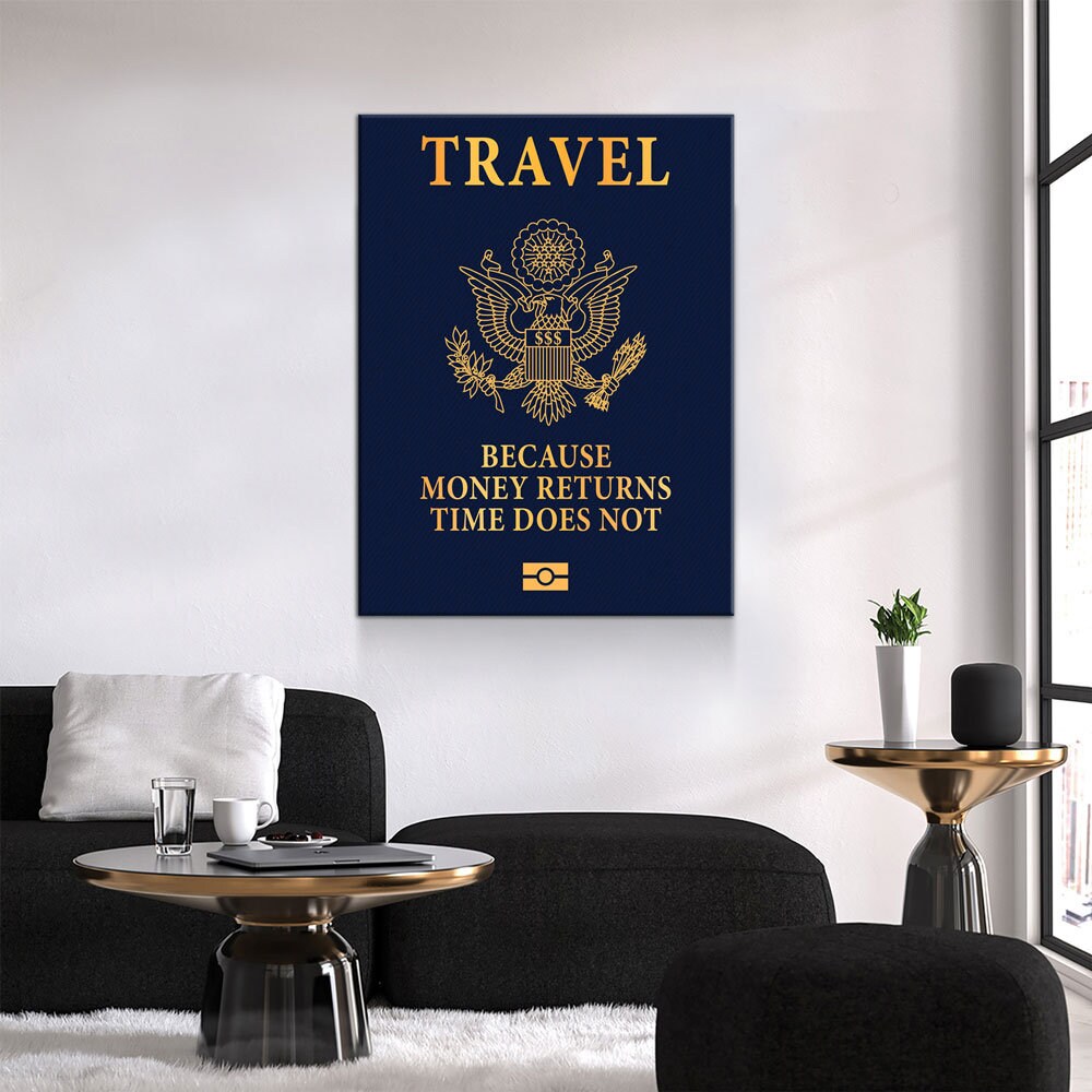 Travel Passport Canvas Wall Art, Because Money Returns Time Does Not, Office Decor, Motivational Decor, Success Quote - Royal Crown Pro