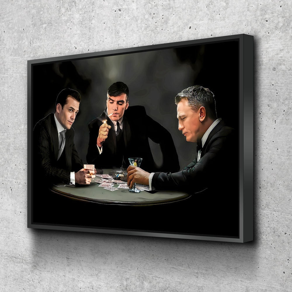 3 Legends Playing Poker Canvas Wall Art, Specter, Bond & Shelby Playing Cards - Royal Crown Pro