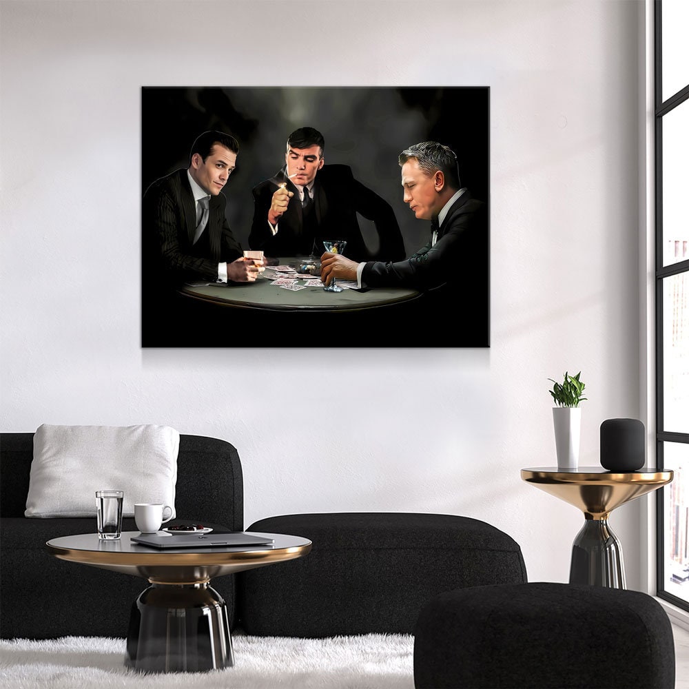 3 Legends Playing Poker Canvas Wall Art, Specter, Bond & Shelby Playing Cards - Royal Crown Pro