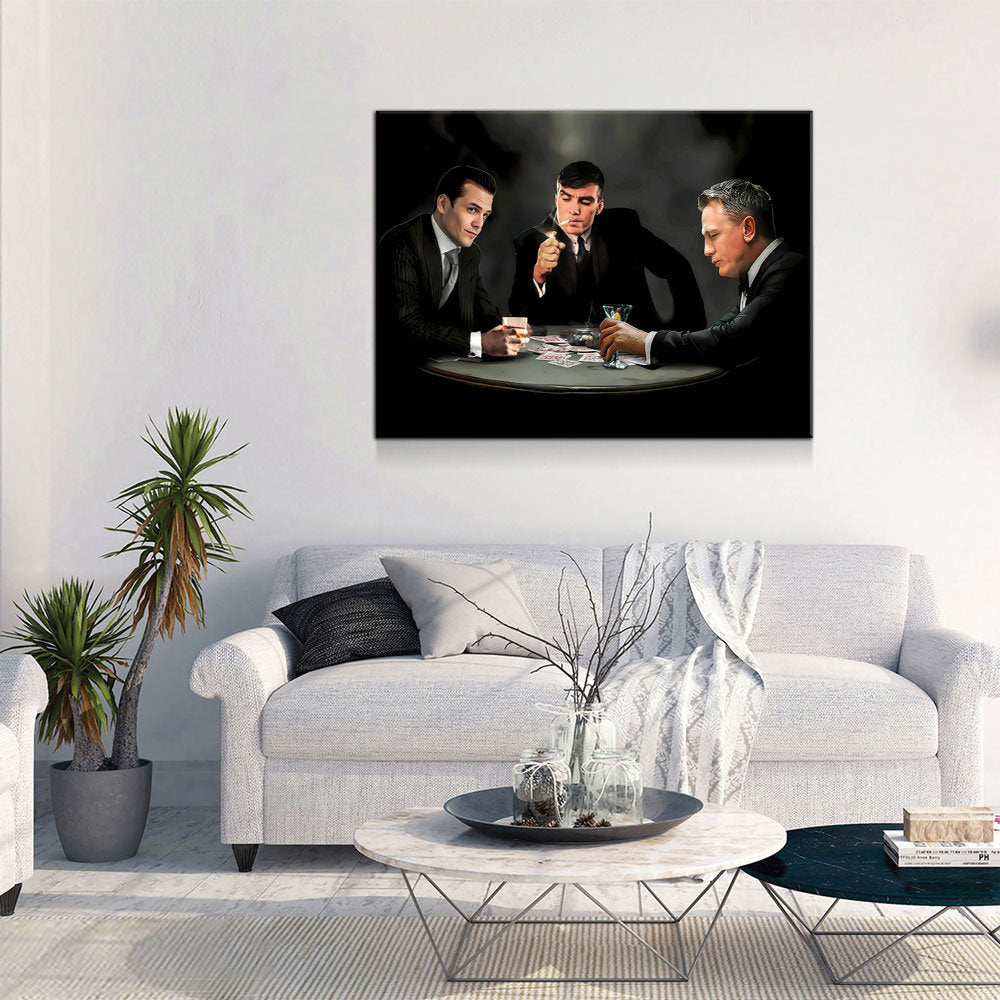 3 Legends Playing Poker Canvas Wall Art, Specter, Bond & Shelby Playing Cards - Royal Crown Pro