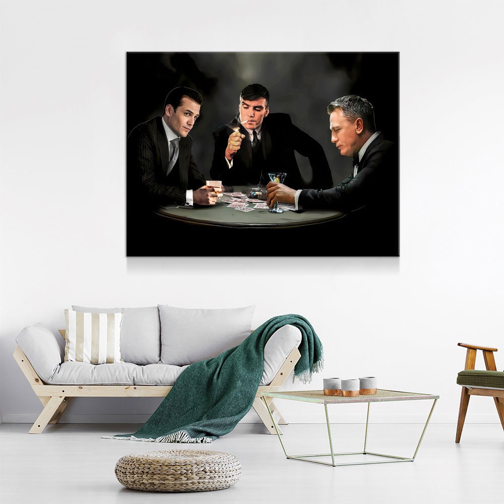 3 Legends Playing Poker Canvas Wall Art, Specter, Bond & Shelby Playing Cards - Royal Crown Pro