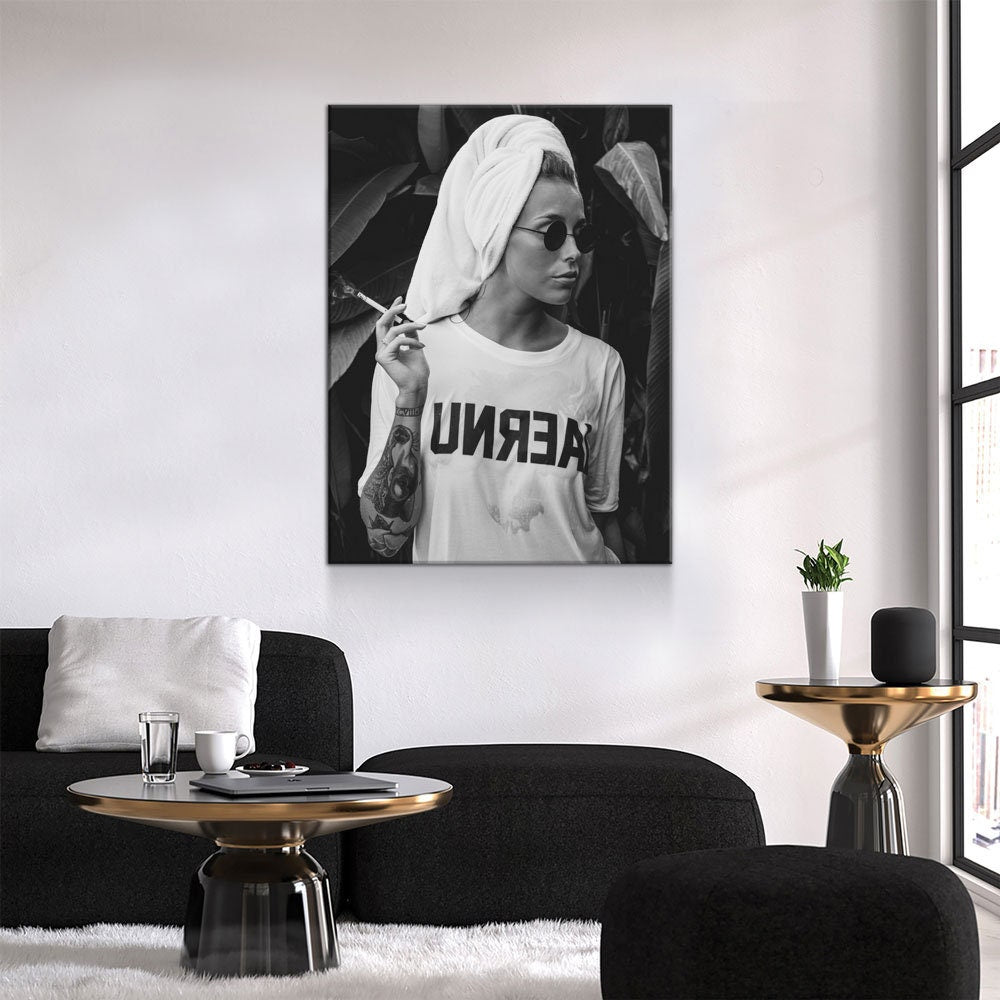 Feminist Attitude Canvas Wall Art, Woman Smoking Print, Black and White Female Print, Tattoo Unreal Print, Vintage Print, Fashion Art - Royal Crown Pro