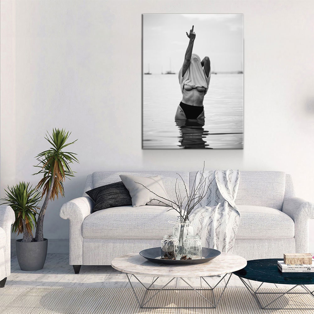 Feminist Attitude Canvas Wall Art, Woman Middle Finger Print, Black and White Female Print, Woman Water Flip Off, Vintage Print, Fashion Art - Royal Crown Pro