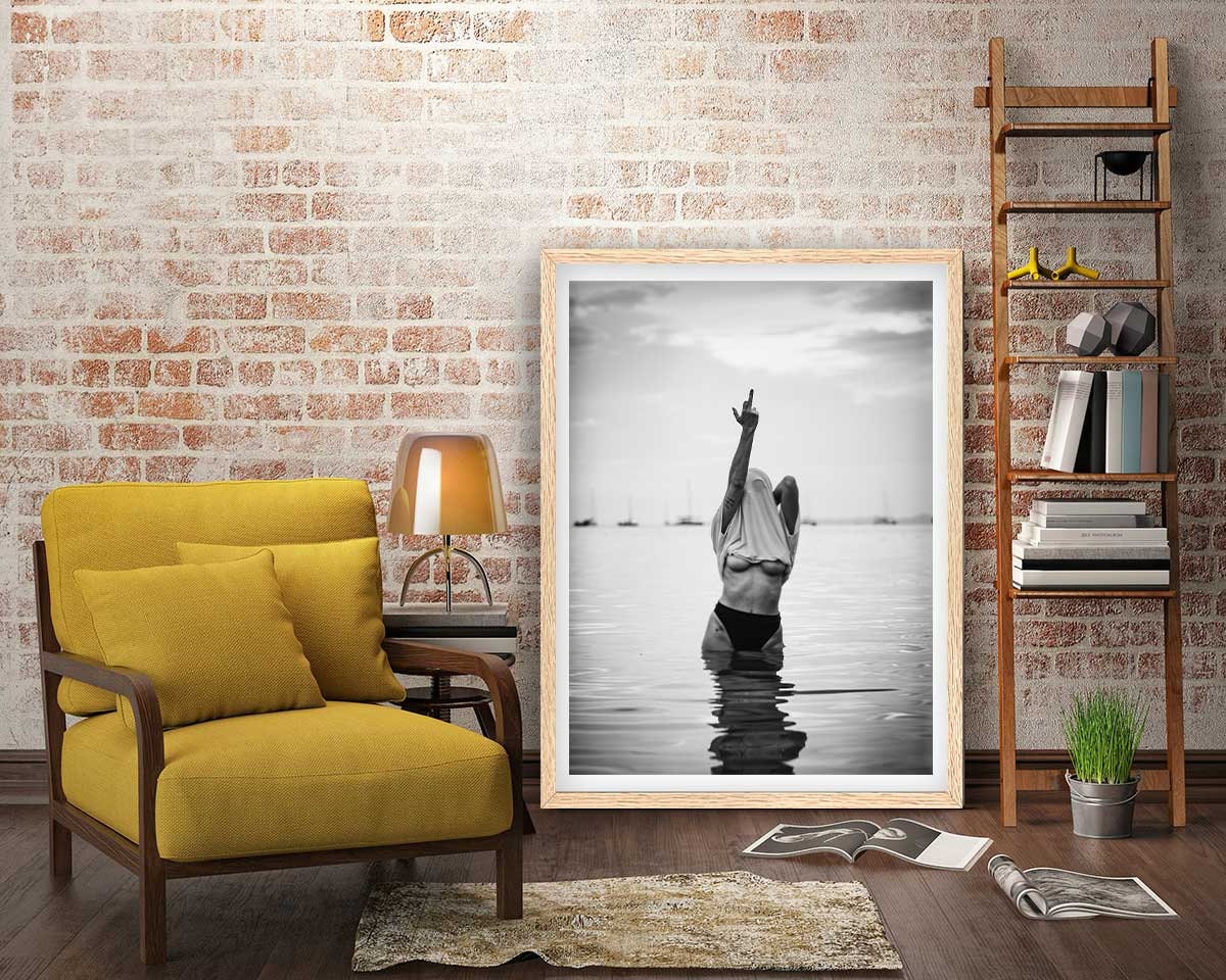 Woman Flip Off Framed Fine Art Print, Woman Middle Finger Print, Black & White Female Print - Royal Crown Pro