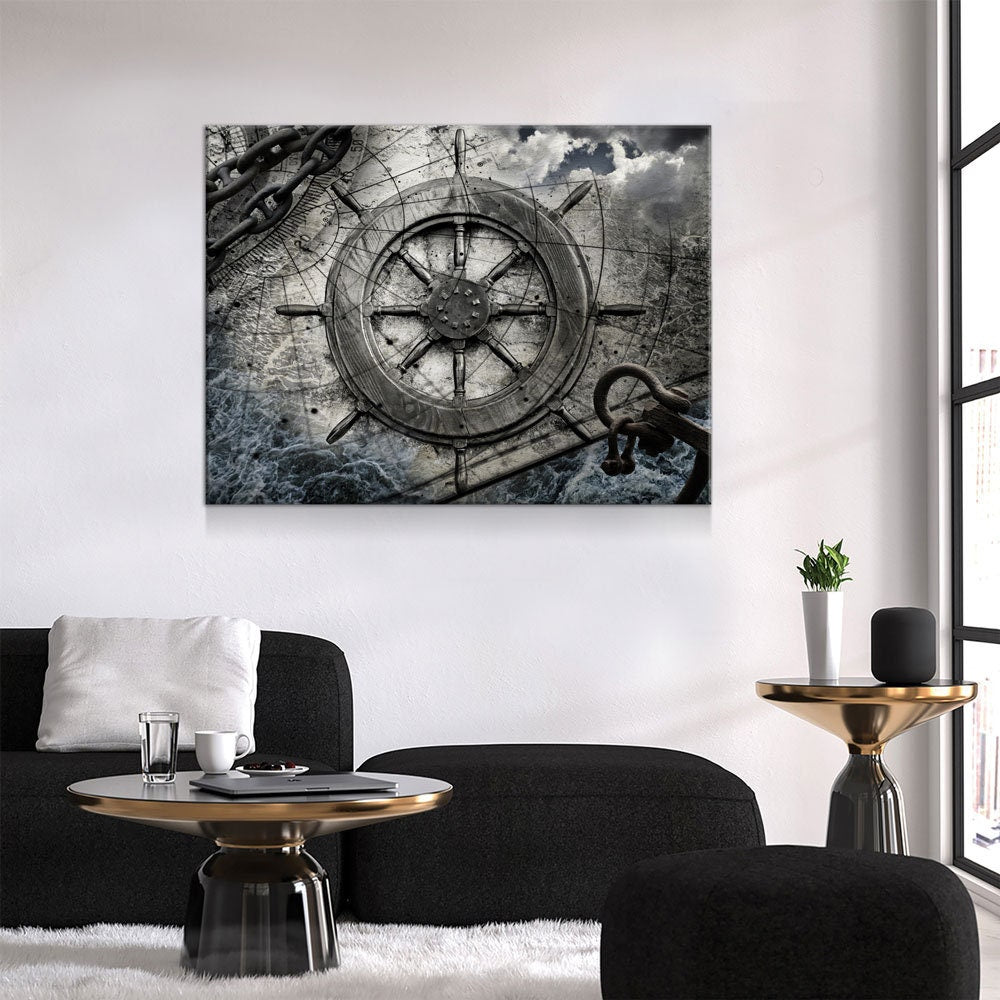 Captain Ships Wheel Canvas Wall Art, Fishing Boat, Ocean Boat, Nautical Decor, Ocean Decor, Sailor, 1 Piece Wall Art Set - Royal Crown Pro