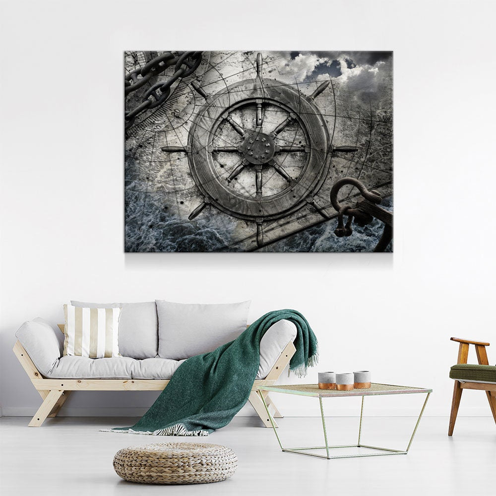 Captain Ships Wheel Canvas Wall Art, Fishing Boat, Ocean Boat, Nautical Decor, Ocean Decor, Sailor, 1 Piece Wall Art Set - Royal Crown Pro