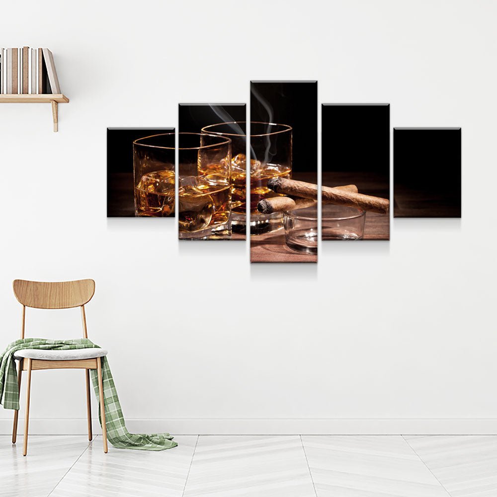 Cigar and Bourbon 5-Piece Framed Canvas Wall Art - Royal Crown Pro