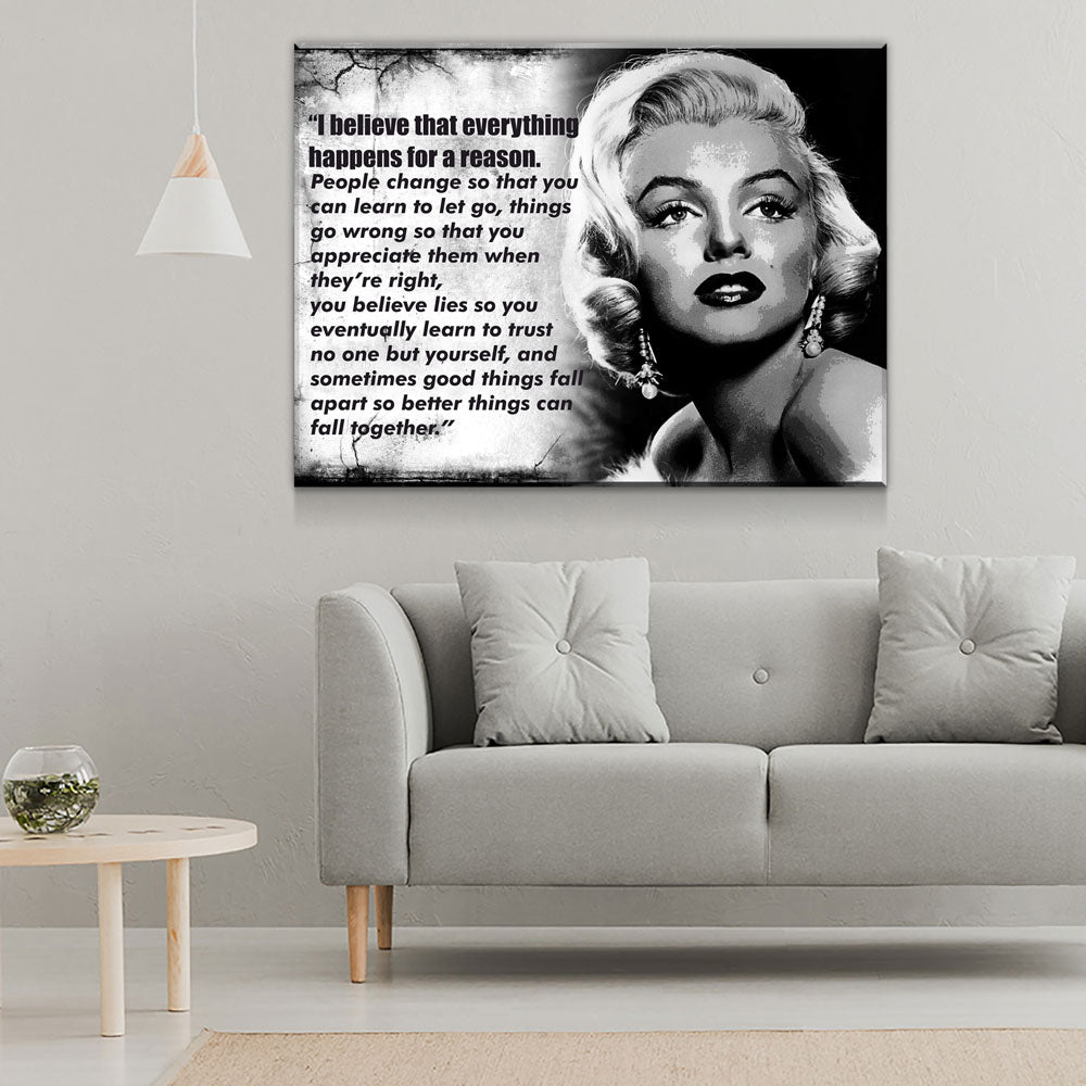 Everything Happens For A Reason Canvas Wall Art Marilyn Monroe Quote - Royal Crown Pro