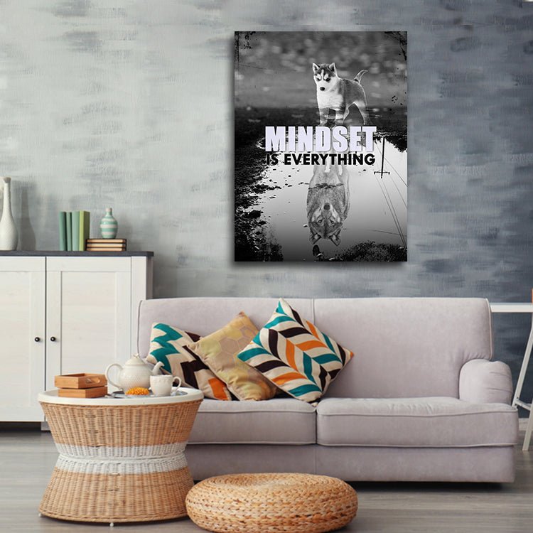 Mindset Is Everything Canvas Wall Art, Motivational Decor, Husky & Wolf Reflection - Royal Crown Pro