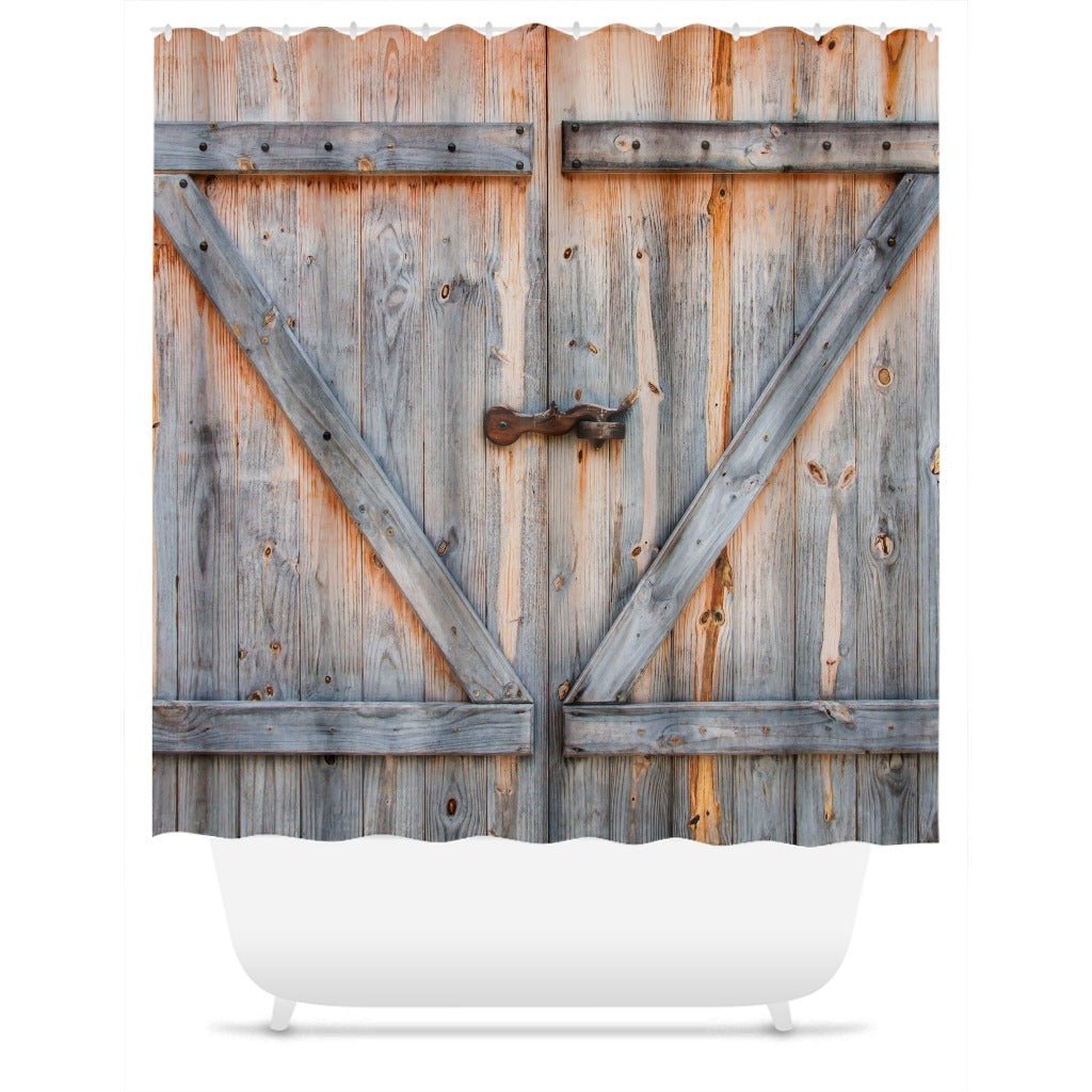 Barn Door Shower Curtain – Rustic Gray Wooden Door Design, 70x70 Inches, Polyester With Hooks, Farmhouse Bathroom Decor