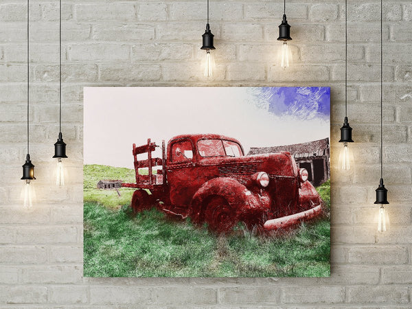 Full Square Diamond Canvas Red Truck Landscape Home Wall - Temu