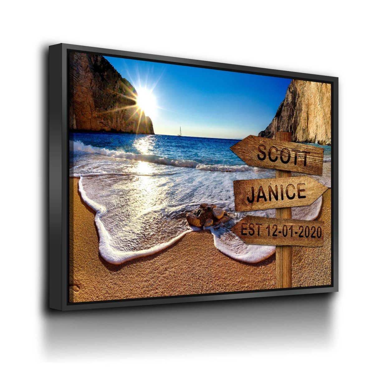 Personalized Names Date Beach Sign Canvas Wall Art, Couples Romantic Gift - Royal Crown Pro