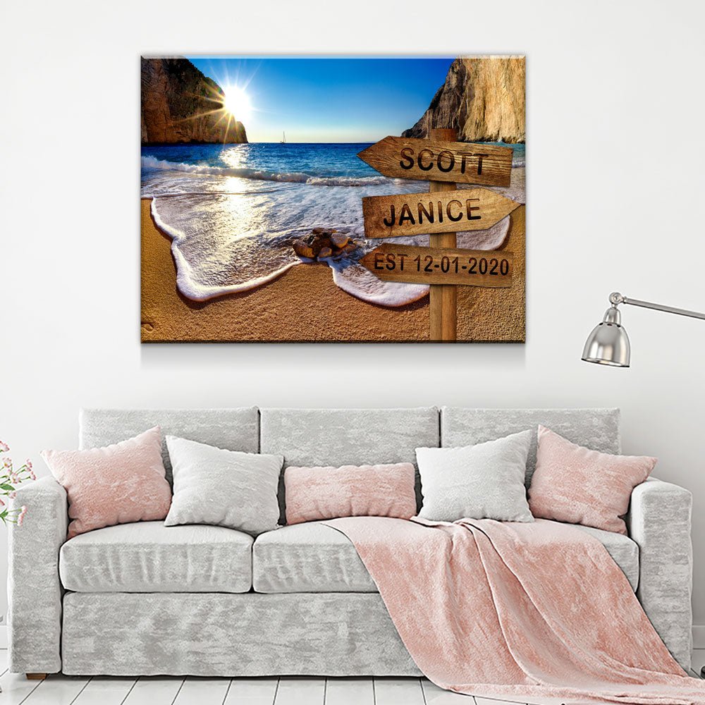 Personalized Names Date Beach Sign Canvas Wall Art, Couples Romantic Gift - Royal Crown Pro