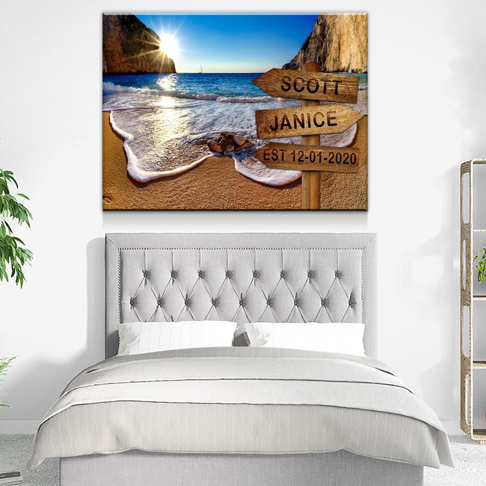 Personalized Names Date Beach Sign Canvas Wall Art, Couples Romantic Gift - Royal Crown Pro