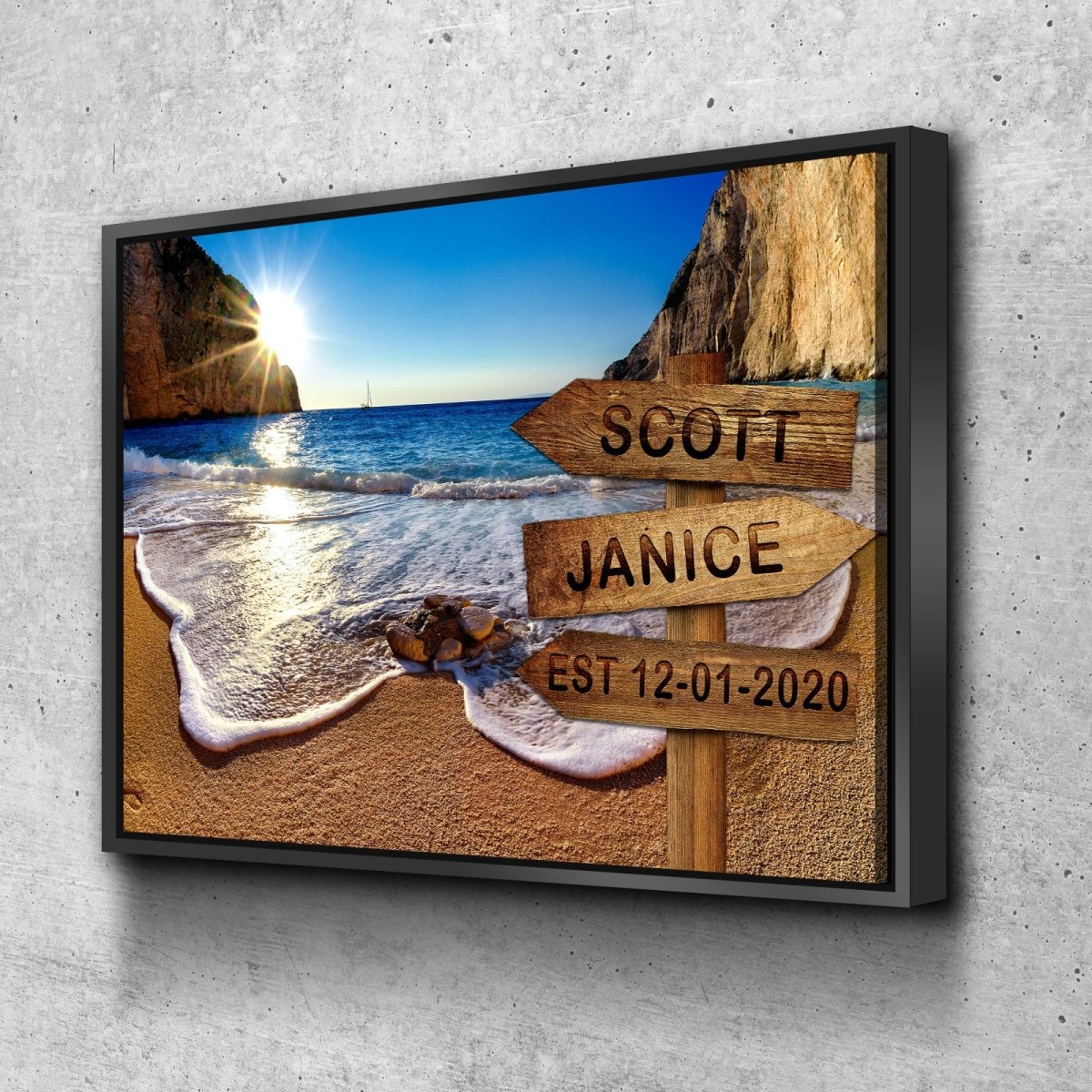 Personalized Names Date Beach Sign Canvas Wall Art, Couples Romantic Gift - Royal Crown Pro