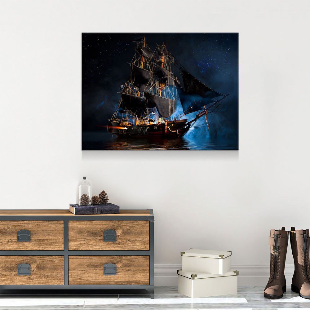 Pirate Ship Dark Sea Battle Canvas Wall Art, Pirate Decor, Ship Sailing, Jolly Roger Flag, Pirate Battleship, Horizontal Orientation, Pirate - Royal Crown Pro