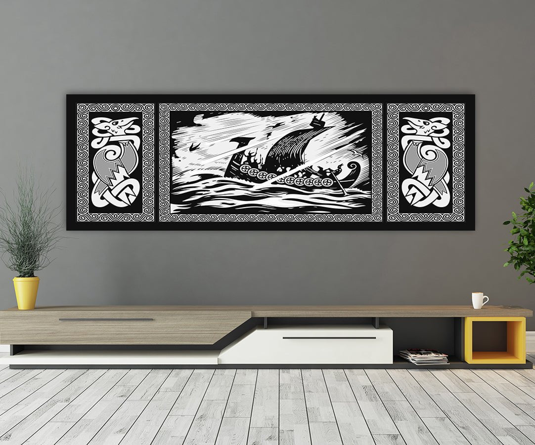Viking Drakkar Dragon Ship Sailing Stormy Sea Canvas Wall Art, Viking Decor - Royal Crown Pro