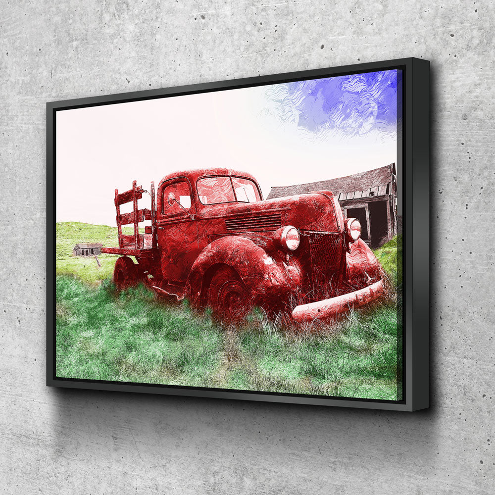 Old Red Farm Truck Abstract Canvas Wall Art, Old Farm Truck Art - Royal Crown Pro