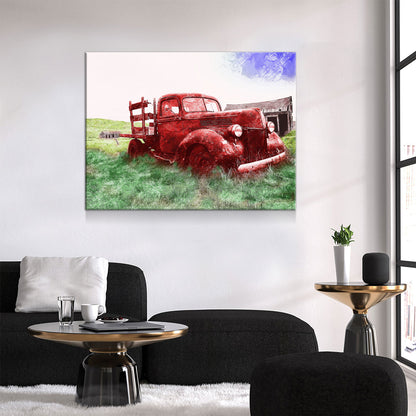 Old Red Farm Truck Abstract Canvas Wall Art, Old Farm Truck Art - Royal Crown Pro