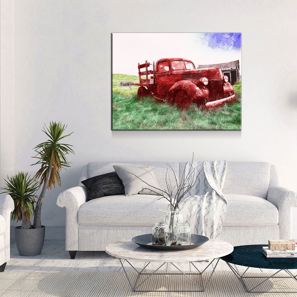 Old Red Farm Truck Abstract Canvas Wall Art, Old Farm Truck Art - Royal Crown Pro