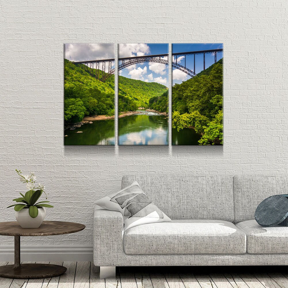 New River Gorge Bridge Skyline Canvas Wall Art, West Virginia New River Gorge Canvas Print, 3 Piece Wall Art Set, Fayetteville WV - Royal Crown Pro