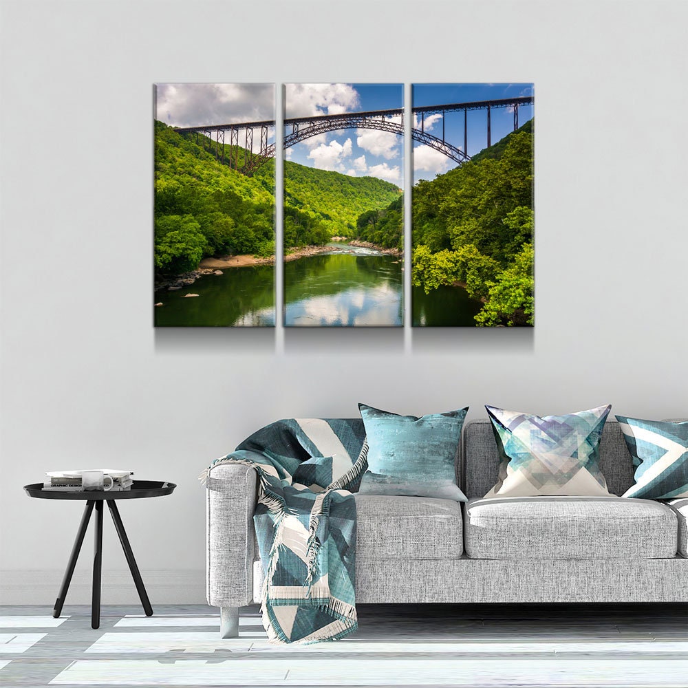 New River Gorge Bridge Skyline Canvas Wall Art, West Virginia New River Gorge Canvas Print, 3 Piece Wall Art Set, Fayetteville WV - Royal Crown Pro