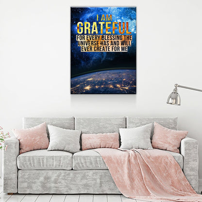 I Am Grateful Canvas Wall Art, Gratitude Sign, Abraham Hicks Law Of Attraction Art - Royal Crown Pro