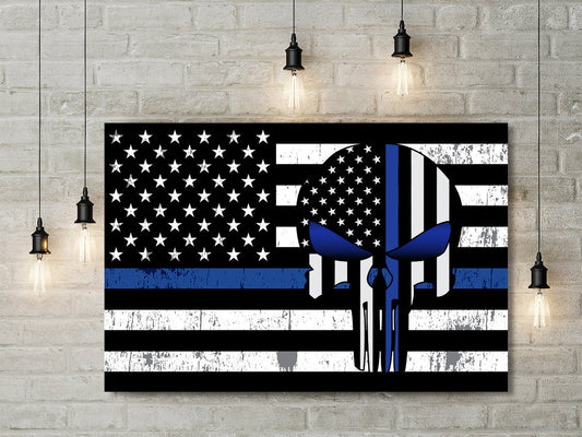 Thin Blue Line Punisher Blue Lives Matter US Flag Framed Canvas Wall Art, Thin Blue Line Decor Police Officer Wall Art, LEO - Royal Crown Pro