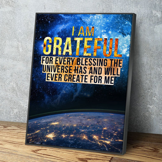 I Am Grateful Canvas Wall Art, Gratitude Sign, Abraham Hicks Law Of Attraction Art - Royal Crown Pro