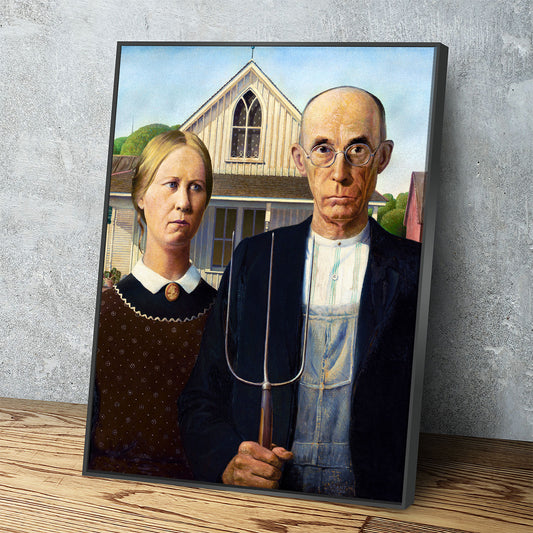 American Gothic Canvas Wall Art, Grant Wood 1930 Vintage Painting Print Reproduction, American Gothic Decor - Royal Crown Pro