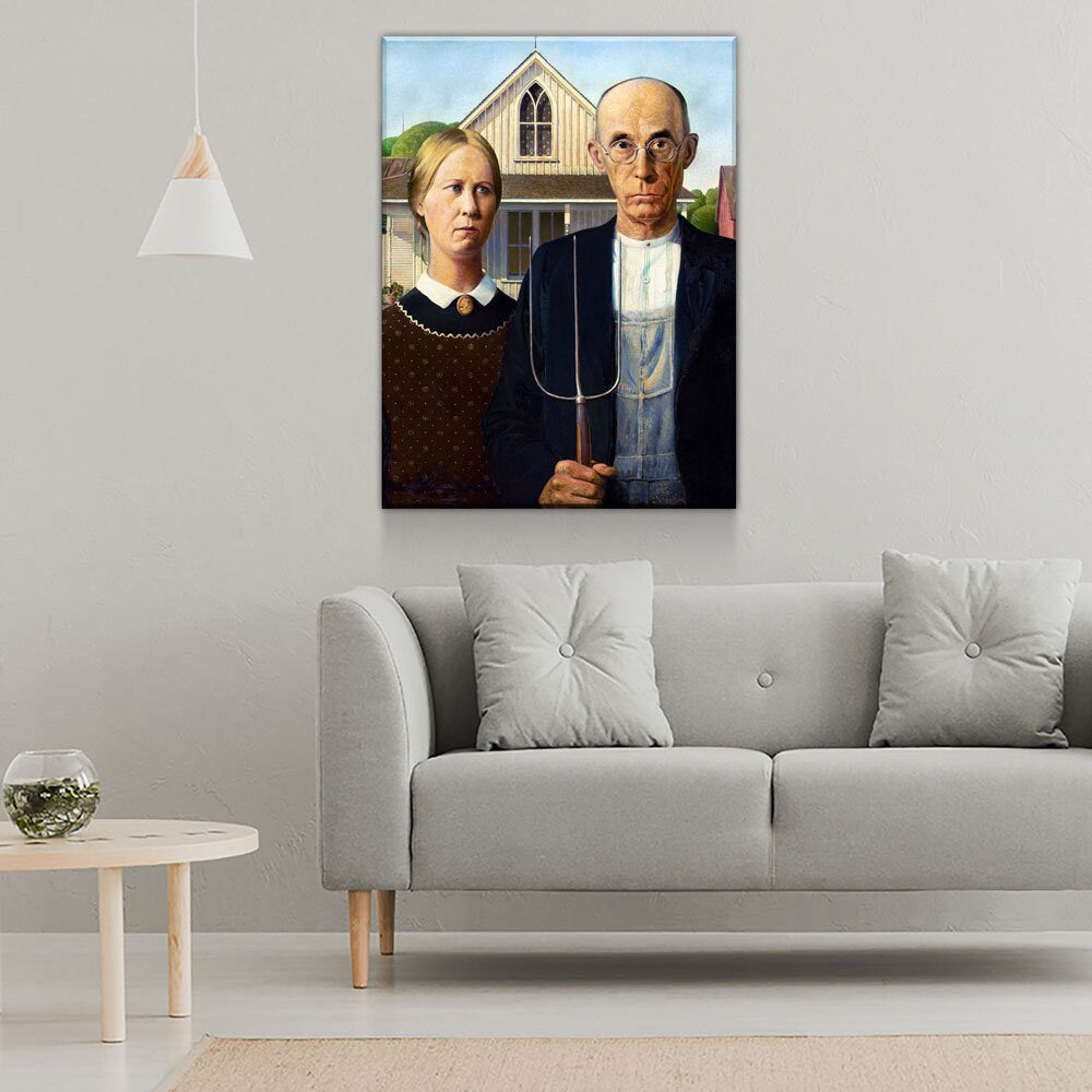 American Gothic Canvas Wall Art, Grant Wood 1930 Vintage Painting Print Reproduction, American Gothic Decor - Royal Crown Pro