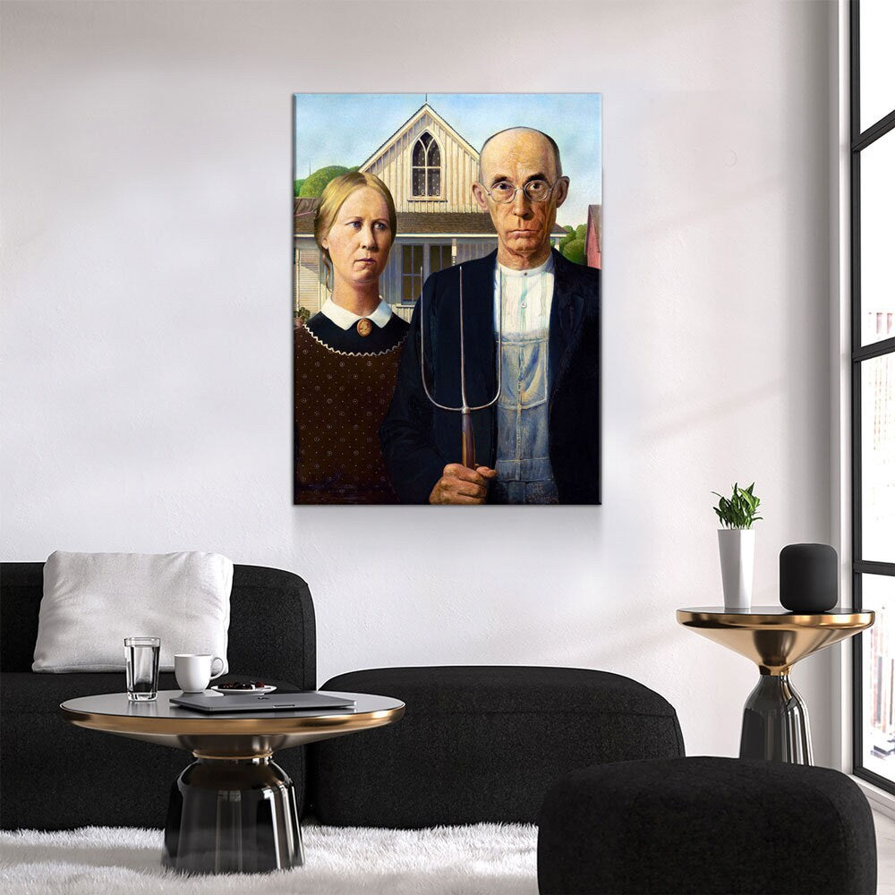 American Gothic Canvas Wall Art, Grant Wood 1930 Vintage Painting Print Reproduction, American Gothic Decor - Royal Crown Pro