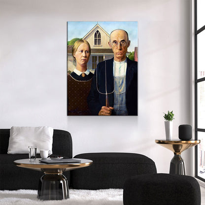 American Gothic Canvas Wall Art, Grant Wood 1930 Vintage Painting Print Reproduction, American Gothic Decor - Royal Crown Pro
