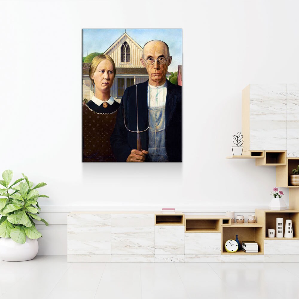 American Gothic Canvas Wall Art, Grant Wood 1930 Vintage Painting Print Reproduction, American Gothic Decor - Royal Crown Pro