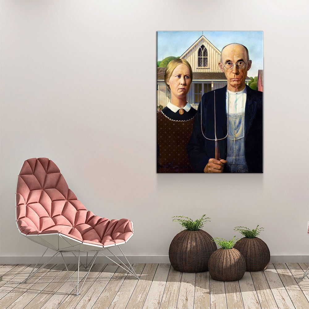 American Gothic Canvas Wall Art, Grant Wood 1930 Vintage Painting Print Reproduction, American Gothic Decor - Royal Crown Pro