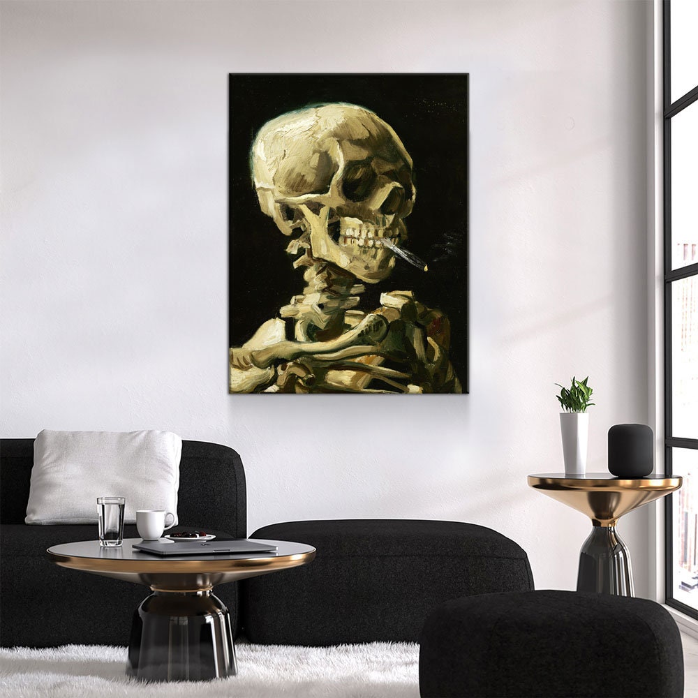 Van Gogh Smoking Skull Canvas Wall Art, Skull Skeleton With Burning Cigarette, Van Gogh Reproduction, 1885-86 - Royal Crown Pro