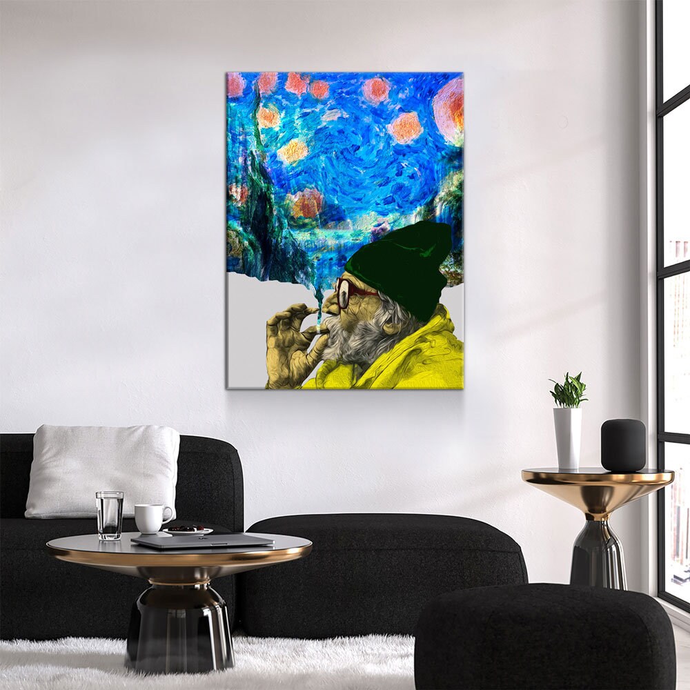 Smokin Man Starry Night Canvas Wall Art, Cannabis Man, Smoking dreams Abstract Art, Abstract Home Decor - Royal Crown Pro