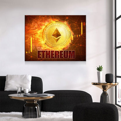 Ethereum Fire Canvas Wall Art, Cryptocurrency, Blockchain Decentralized Currency - Royal Crown Pro