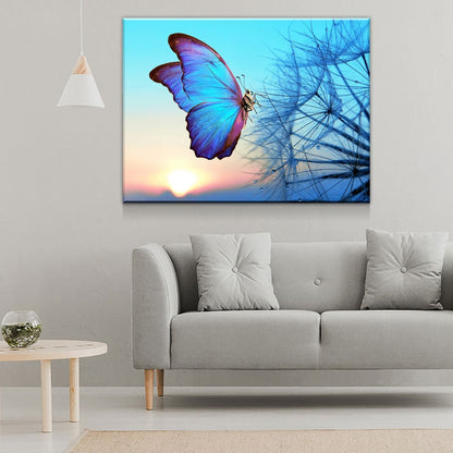 Blue Butterfly Canvas Wall Art, Butterfly Decor, Dandelion Canvas Wall art, Butterfly Sunset - Royal Crown Pro