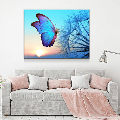 Blue Butterfly Canvas Wall Art, Butterfly Decor, Dandelion Canvas Wall art, Butterfly Sunset - Royal Crown Pro