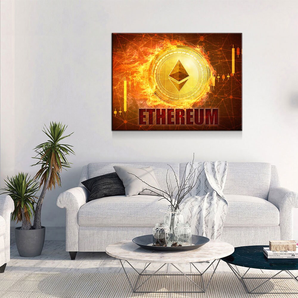 Ethereum Fire Canvas Wall Art, Cryptocurrency, Blockchain Decentralized Currency - Royal Crown Pro