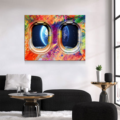 Airplane Window Seat Earth View, Abstract Decor, Travel Space Lovers Canvas Wall Art, Galaxy Getaway, Travel Decor, Airplane Window Art - Royal Crown Pro