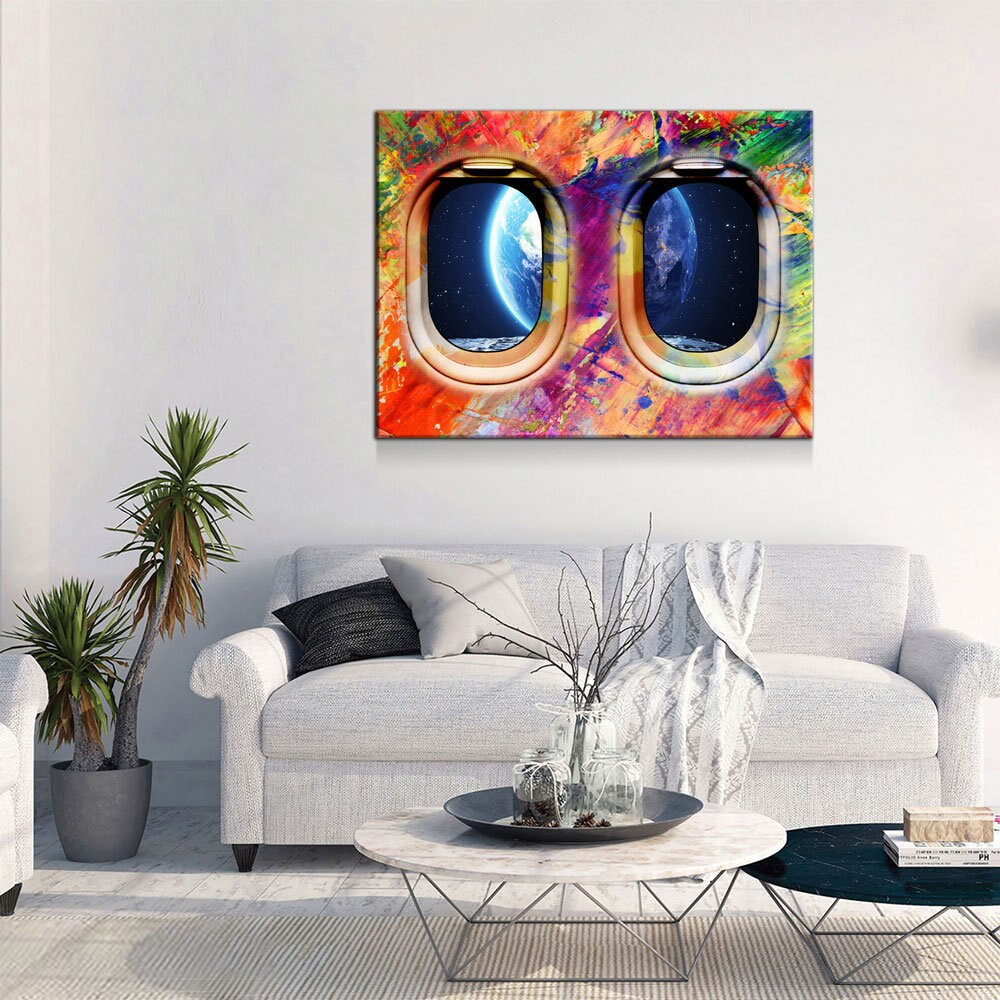 Airplane Window Seat Earth View, Abstract Decor, Travel Space Lovers Canvas Wall Art, Galaxy Getaway, Travel Decor, Airplane Window Art - Royal Crown Pro