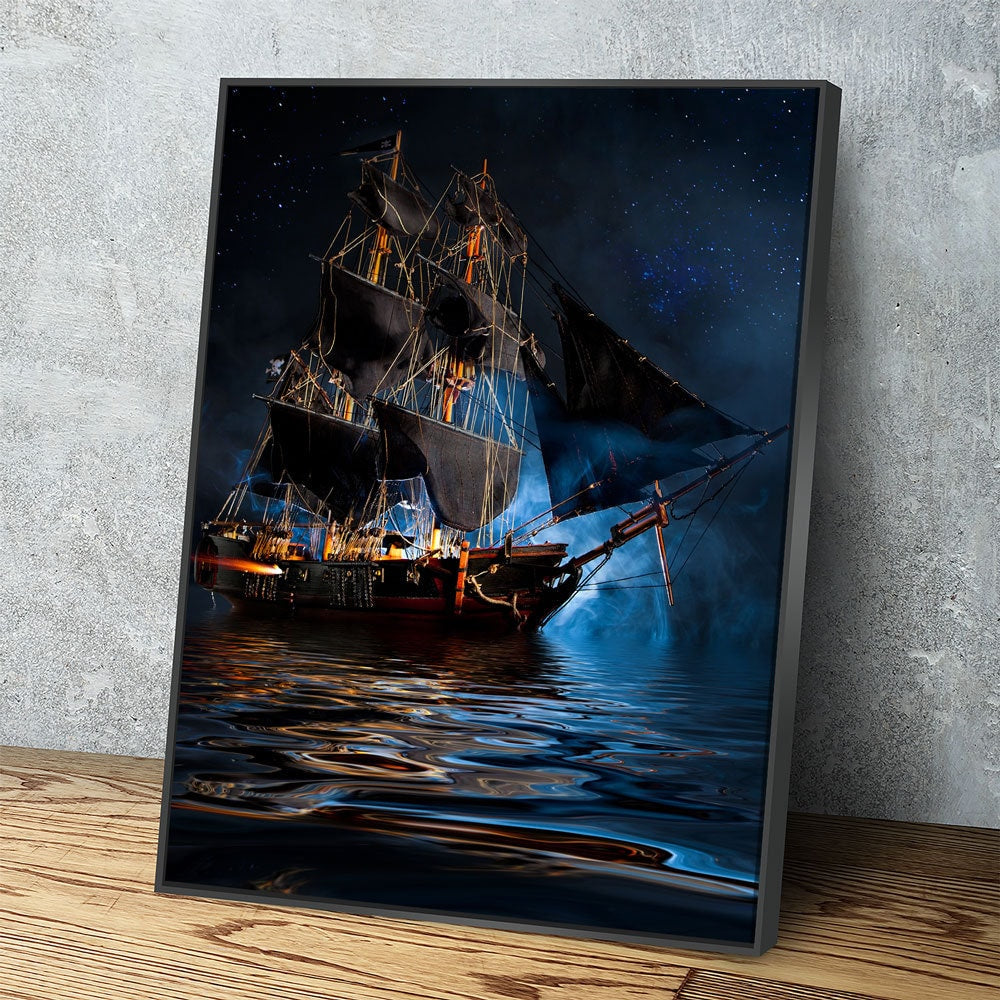 Pirate Ship Dark Sea Battle Canvas Wall Art, Pirate Decor, Ship Sailing, Jolly Roger Flag, Pirate Battleship - Royal Crown Pro