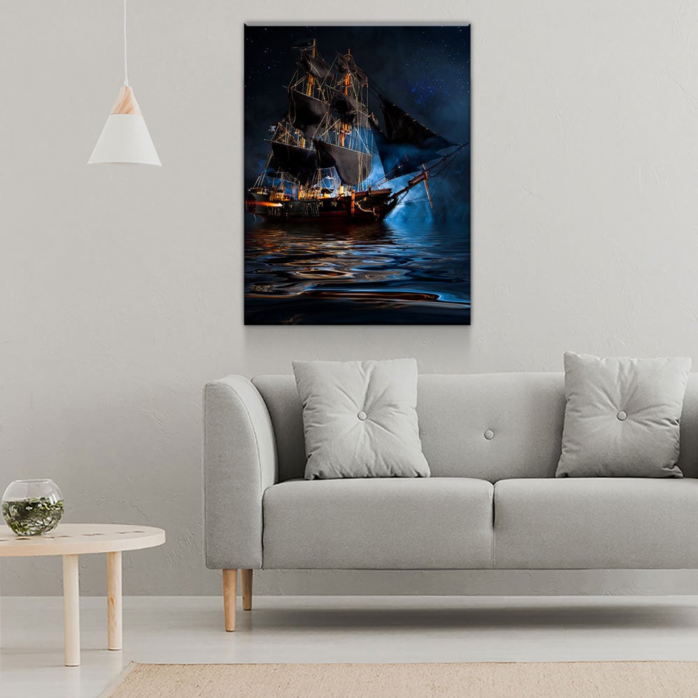 Pirate Ship Dark Sea Battle Canvas Wall Art, Pirate Decor, Ship Sailing, Jolly Roger Flag, Pirate Battleship - Royal Crown Pro