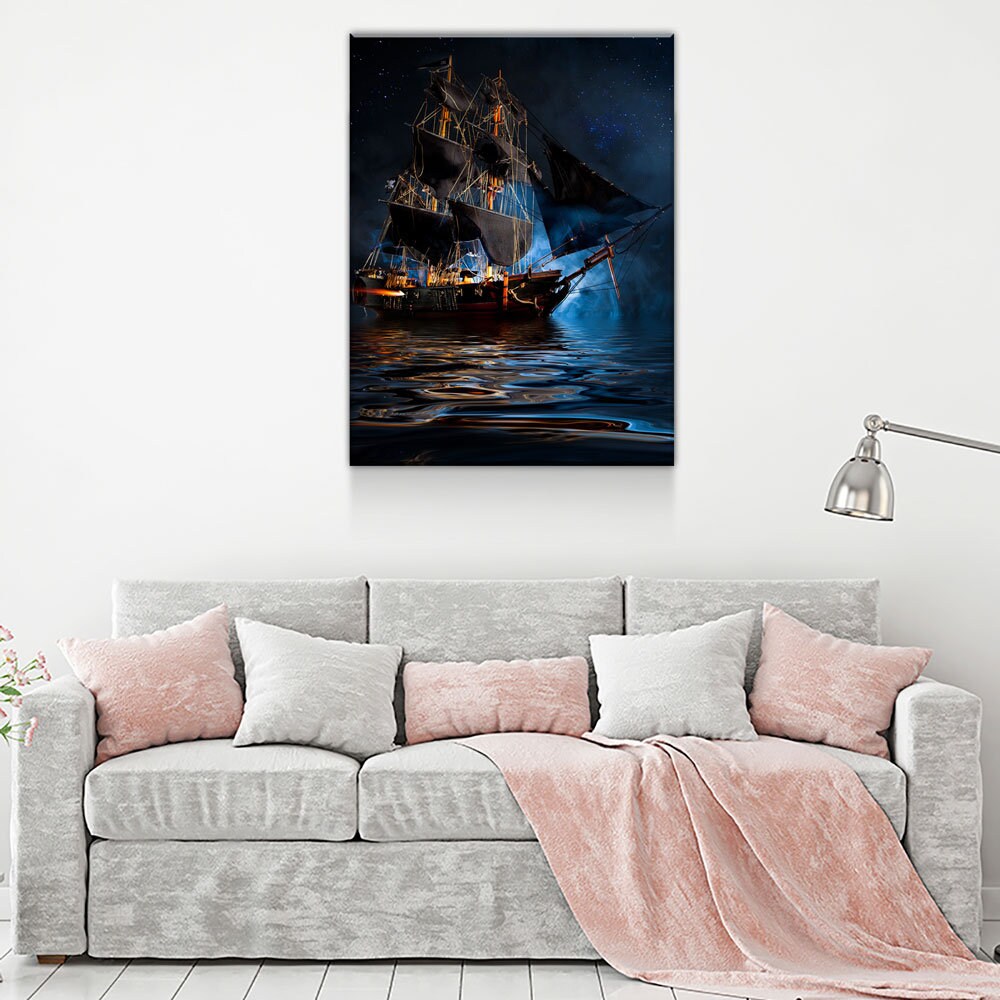 Pirate Ship Dark Sea Battle Canvas Wall Art, Pirate Decor, Ship Sailing, Jolly Roger Flag, Pirate Battleship - Royal Crown Pro