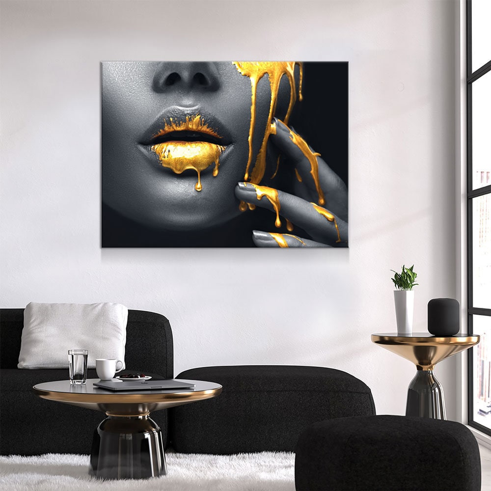 Gold Lips Of Desire Canvas Wall Art, Lips Canvas Abstract Art, Abstract Decor, Golden Lips - Royal Crown Pro