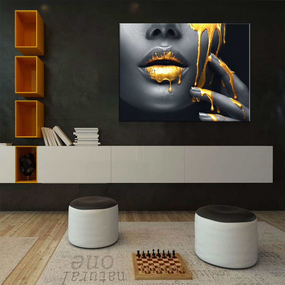 Gold Lips Of Desire Canvas Wall Art, Lips Canvas Abstract Art, Abstract Decor, Golden Lips - Royal Crown Pro